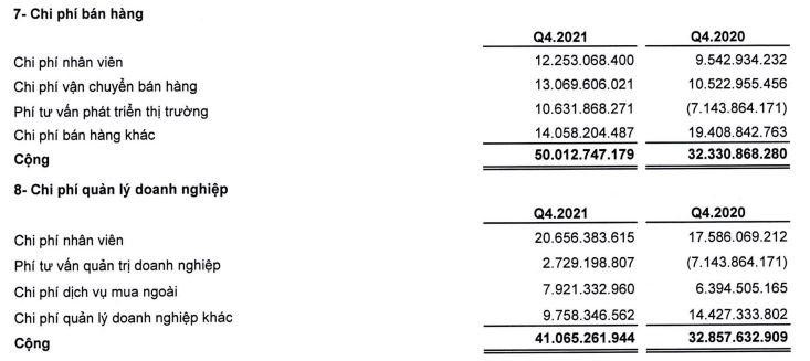 Chi phí bán hàng và quản lý doanh nghiệp tăng cao trong quý IV/2021.