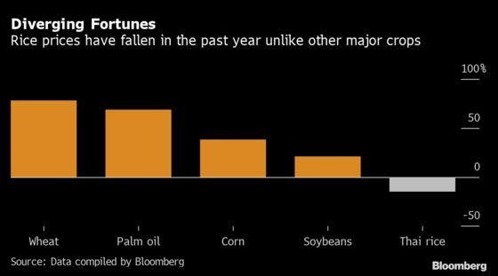 Giá gạo sụt giảm trái ngược với các loại cây trồng khác.