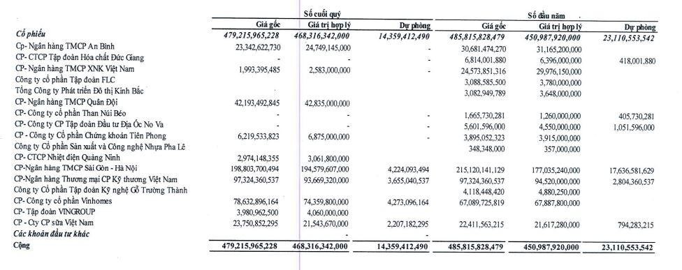 Danh mục đầu tư của chứng khoán của NDN tính tới 31/3/2022.