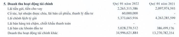 Cơ cấu doanh thu tài chính quý I/2022 của SAM.