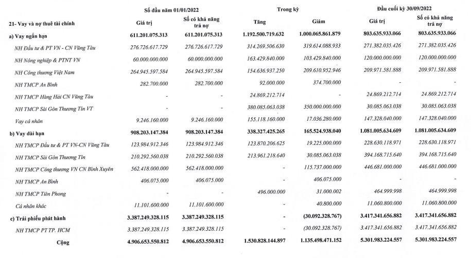 Cơ cấu nợ vay của DIG tới 30/9/2022.