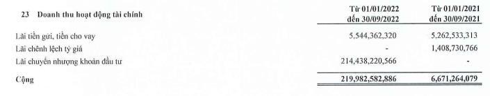 Cơ cấu doanh thu tài chính trong 9 tháng đầu năm 2022