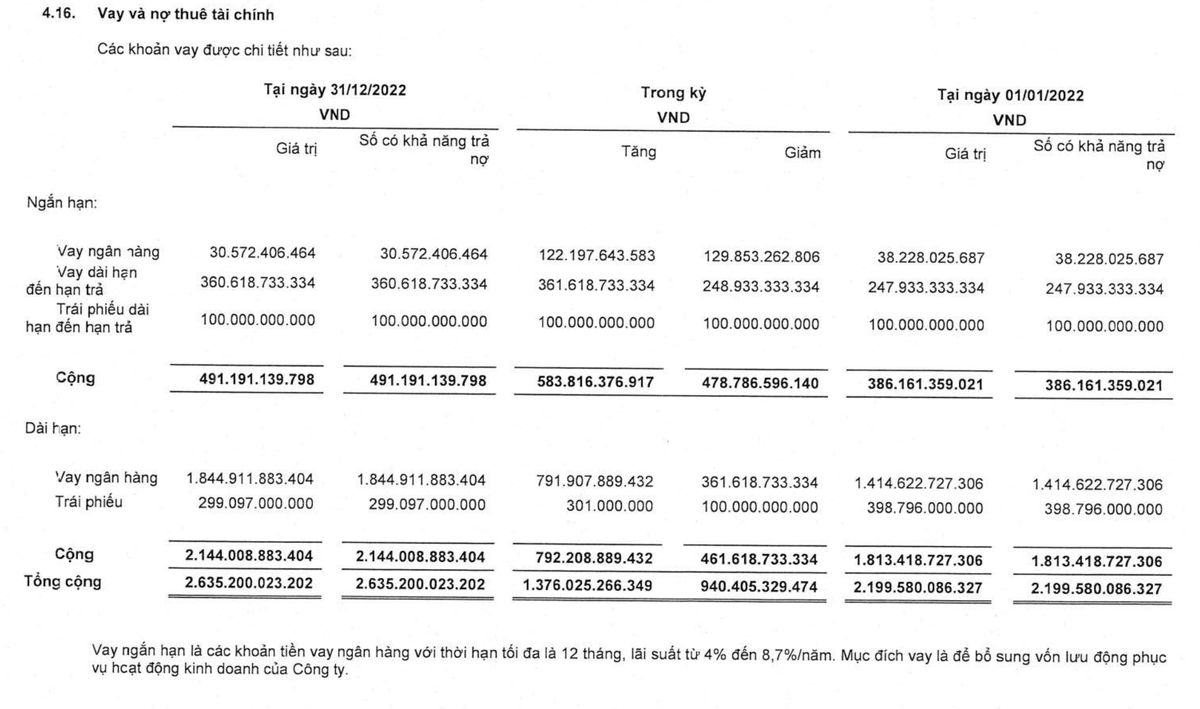 Cơ cấu nợ vay của SZC tới 31/12/2022.