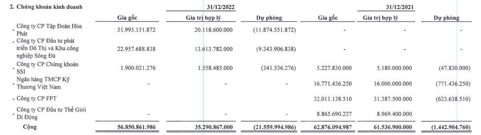Danh mục cổ phiếu của Samland tới 31/12/2022.