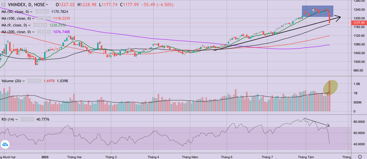 Chỉ số VN-Index phá vỡ xu hướng tăng từ đầu năm 2023 nhưng vẫn trên MA 50, 100 và 200