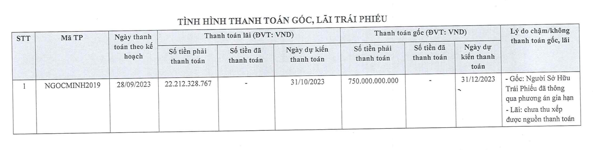 Công ty TNHH Đầu tư và Bất động sản Ngọc Minh chưa trả lãi trái phiếu mã Ngocminh2019