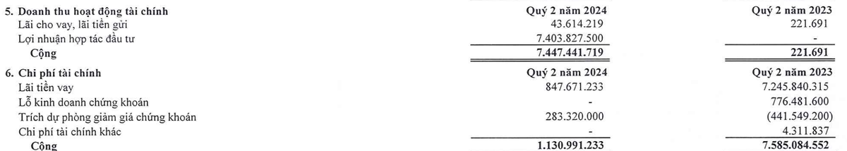 Cơ cấu doanh thu tài chính và chi phí tài chính của Samland trong quý II/2024