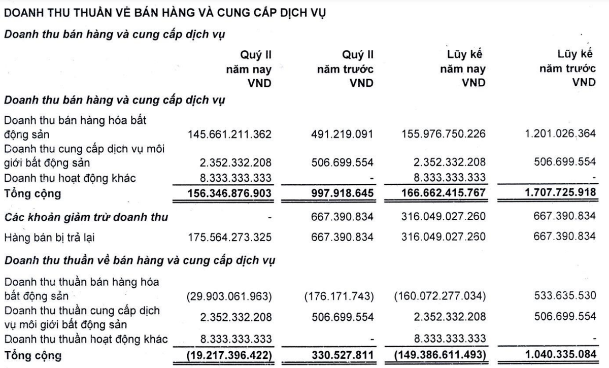 LDG ghi nhận hàng bán trả lại cao hơn doanh thu trong quý II và nửa đầu năm 2024