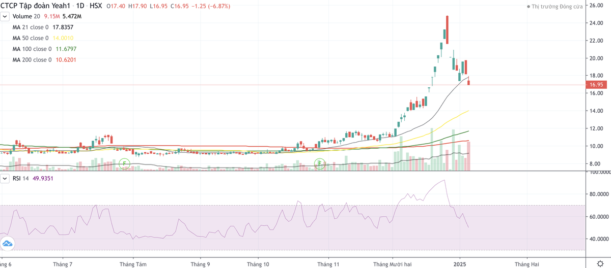 Cổ phiếu YEG đã đảo chiều giảm từ ngày 25/12/2024 tới nay