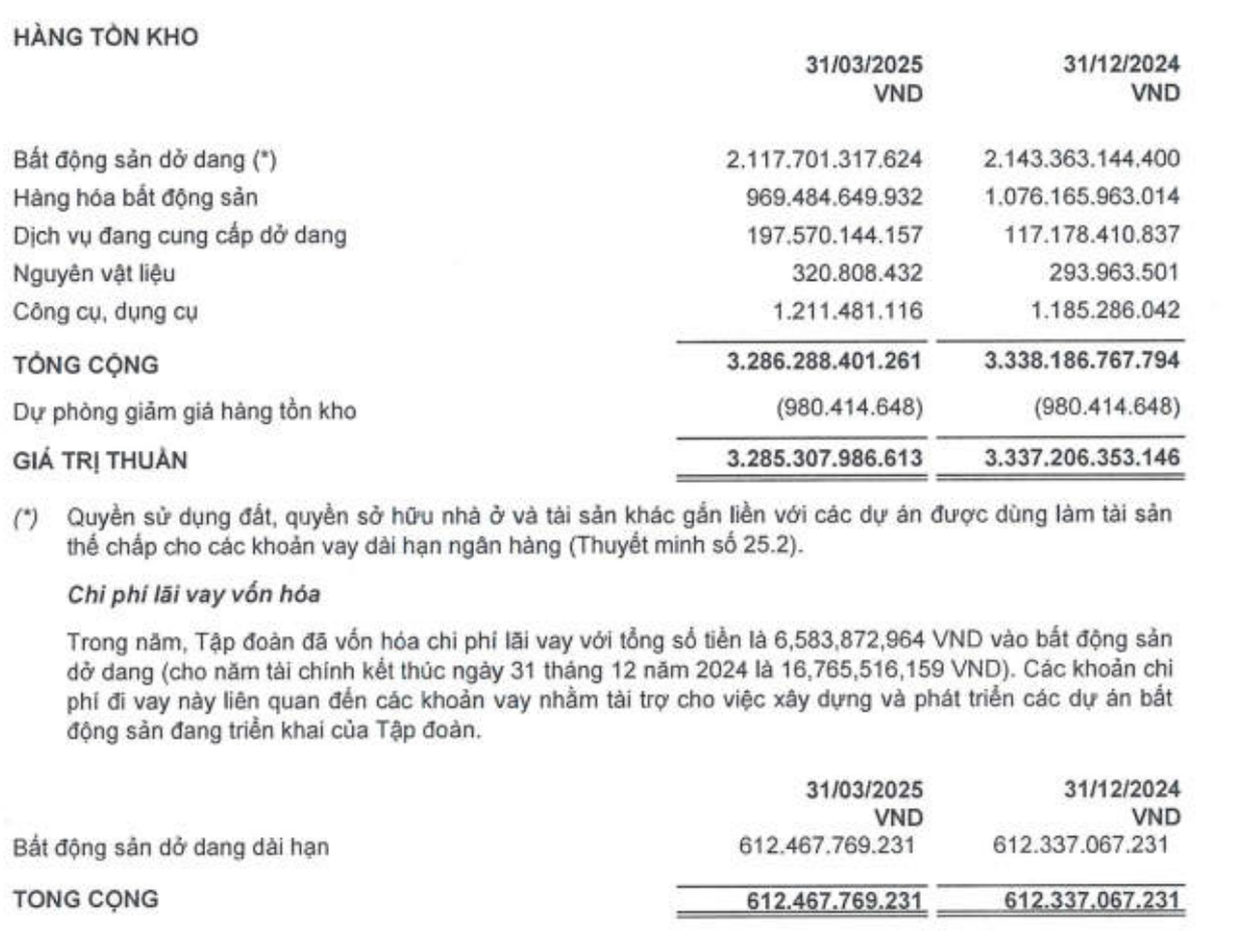 Cơ cấu tồn kho của TTC Land tại thời điểm 31/3/2025