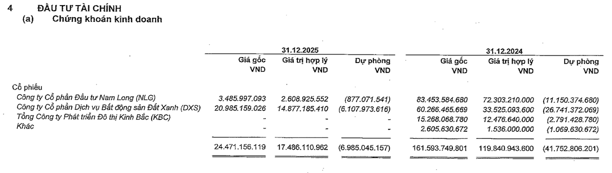 Vĩnh Hoàn vẫn đang nắm giữ cổ phiếu DXS và NLG tại thời điểm 31/12/2025.