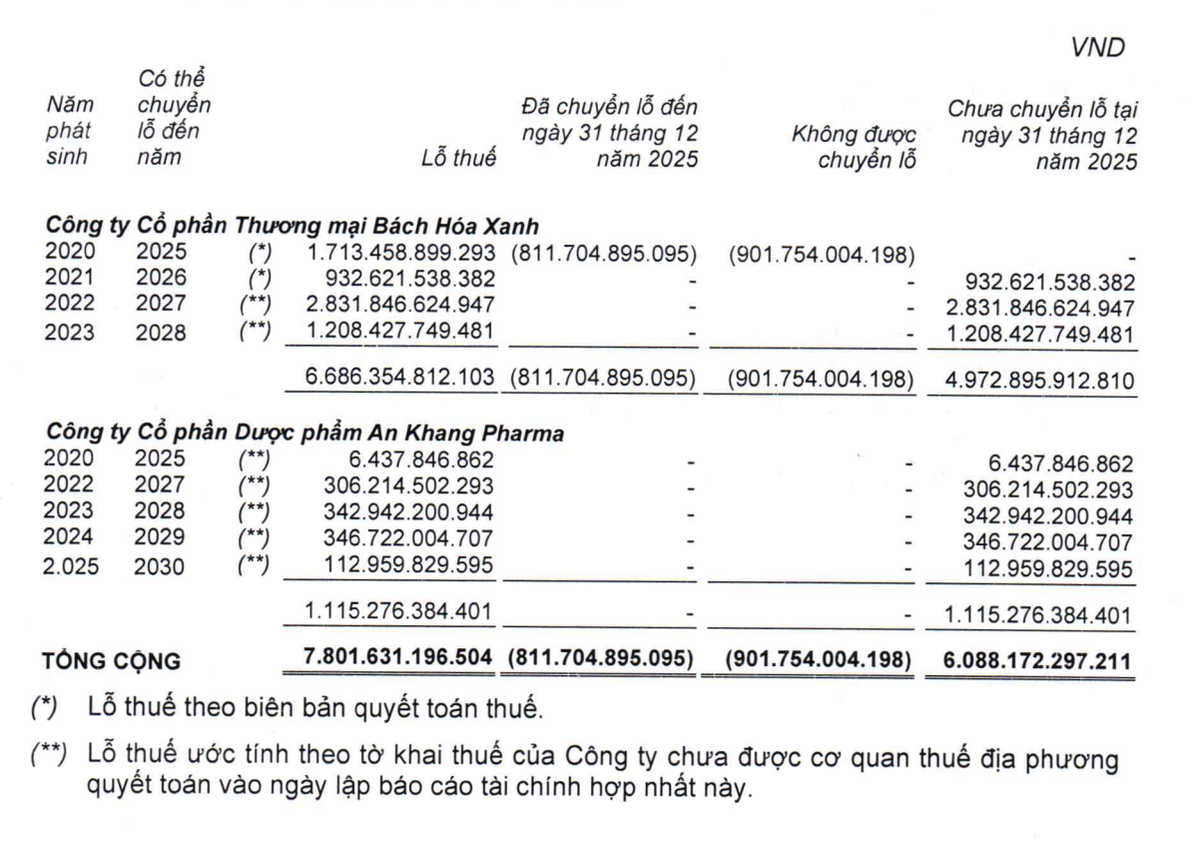 Chuỗi nhà thuốc và Bách hoá Xanh vẫn còn lỗ luỹ kế tại thời điểm 31/12/2025. Nguồn: MWG