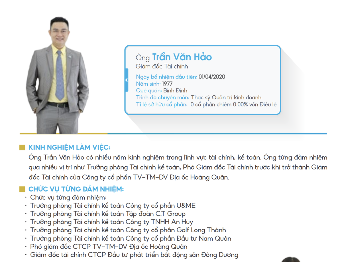 Ông Trần Văn Hảo được bổ nhiệm giữ chức vụ Giám đốc tài chính tại Địa ốc Hoàng Quân kể từ ngày 1/4/2020.