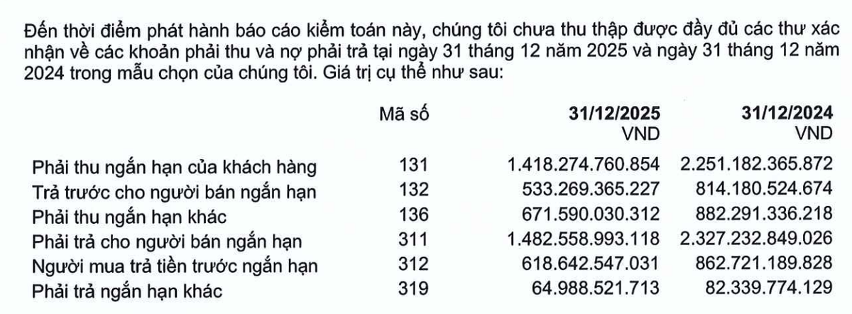 Đơn vị kiểm toán chưa thu thập được đầy đủ các thư xác nhận về các khoản phải thu và nợ phải trả tại thời điểm 31/12/2025 và 31/12/2024.