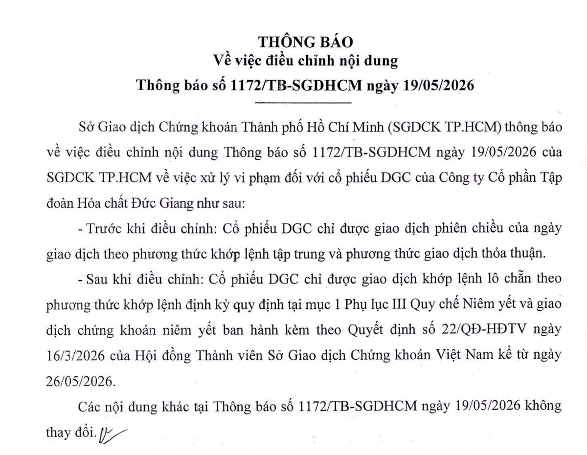 HOSE điều chỉnh nội dung đưa cổ phiếu DGC từ diện hạn chế giao dịch.