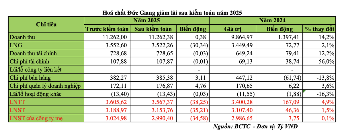 Hoá chất Đức Giang giảm lãi sau kiểm toán năm 2025.
