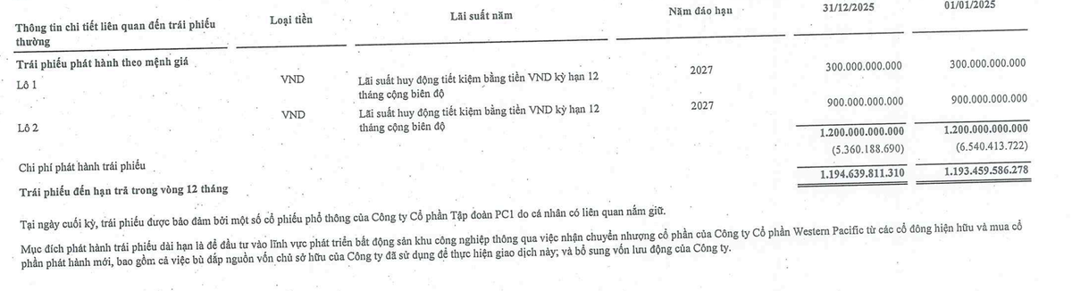 Thông tin hai lô trái phiếu của PC1. Nguồn: Báo cáo tài chính