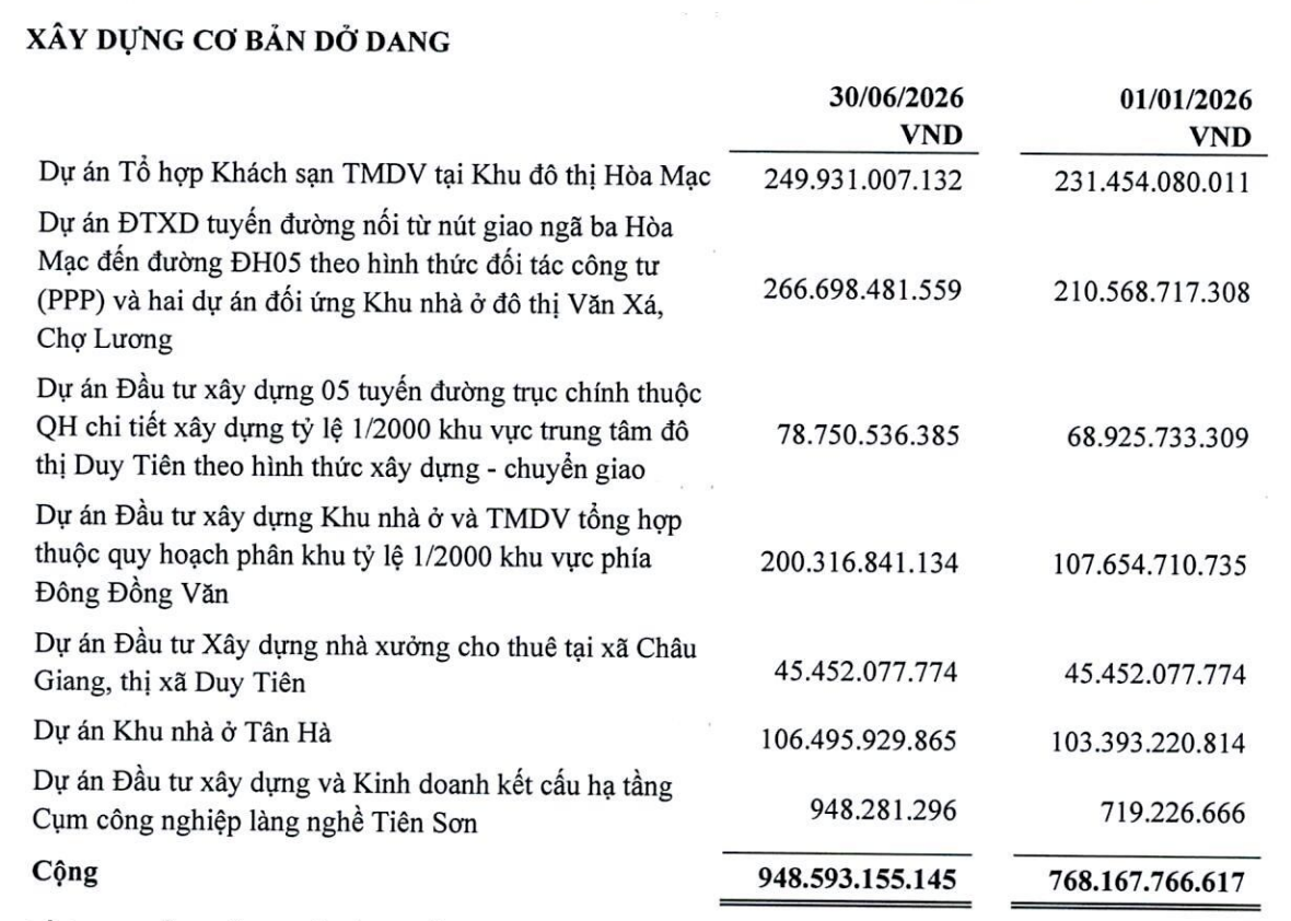 Cơ cấu xây dựng cơ bản dở dang dài hạn của Nhà và Đô thị Nam Hà Nội tại thời điểm 30/6/2026. Cơ cấu xây dựng cơ bản dở dang dài hạn của Nhà và Đô thị Nam Hà Nội tại thời điểm 30/6/2026.