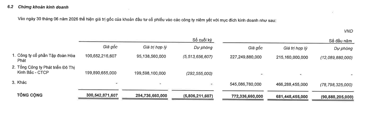 DGW đang đầu tư 300,5 tỷ đồng vào cổ phiếu HPG và KBC tại thời điểm 30/6/2026.