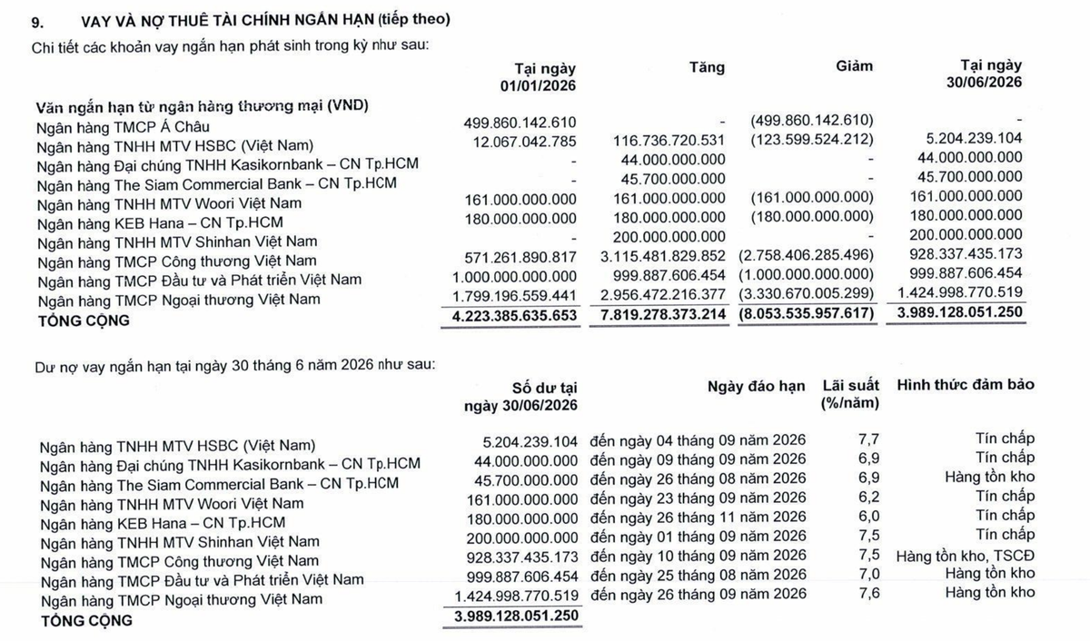 9 ngân hàng đang cho PNJ vay 3.989,1 tỷ đồng tại thời điểm 30/6/2026.
