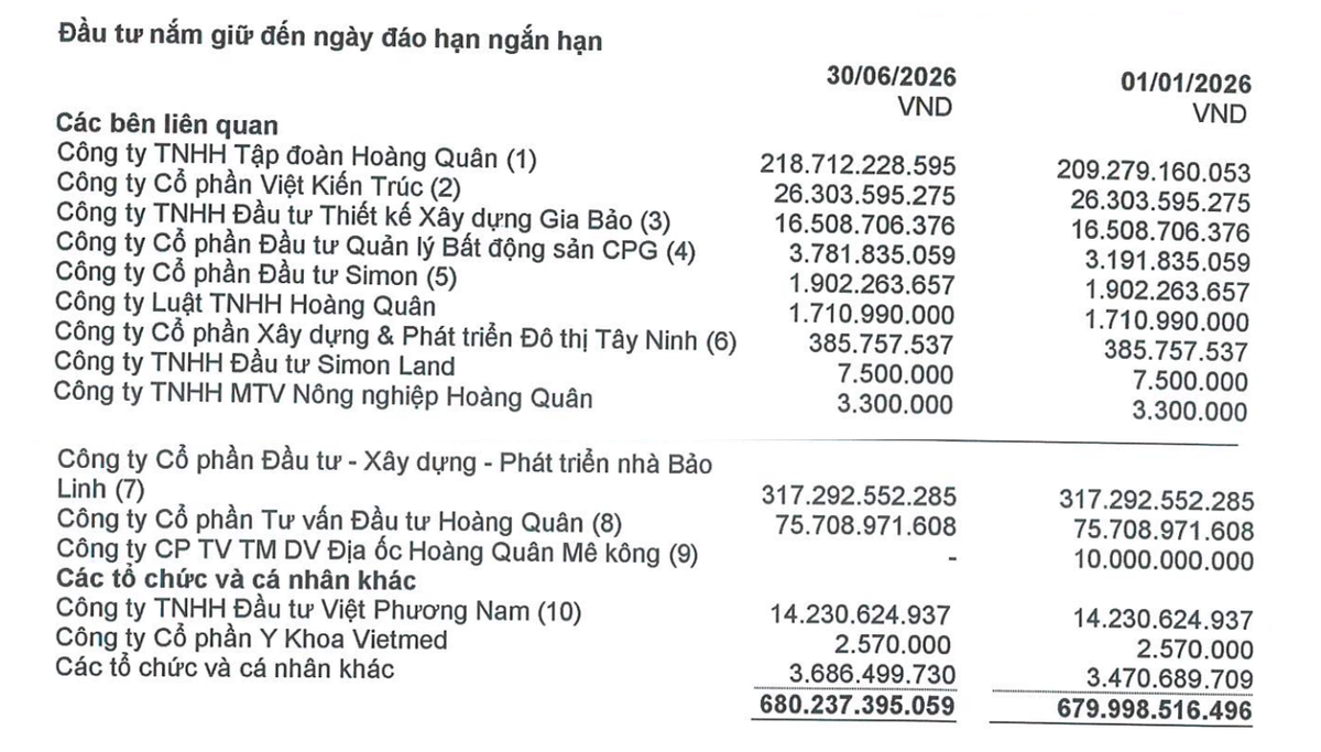 Cơ cấu đầu tư tài chính ngắn hạn của HQC tại thời điểm 30/6/2026.