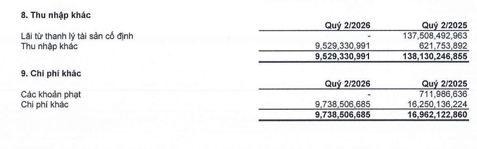 HBC hụt lợi nhuận khác do lãi từ thanh lý tài sản cố định.