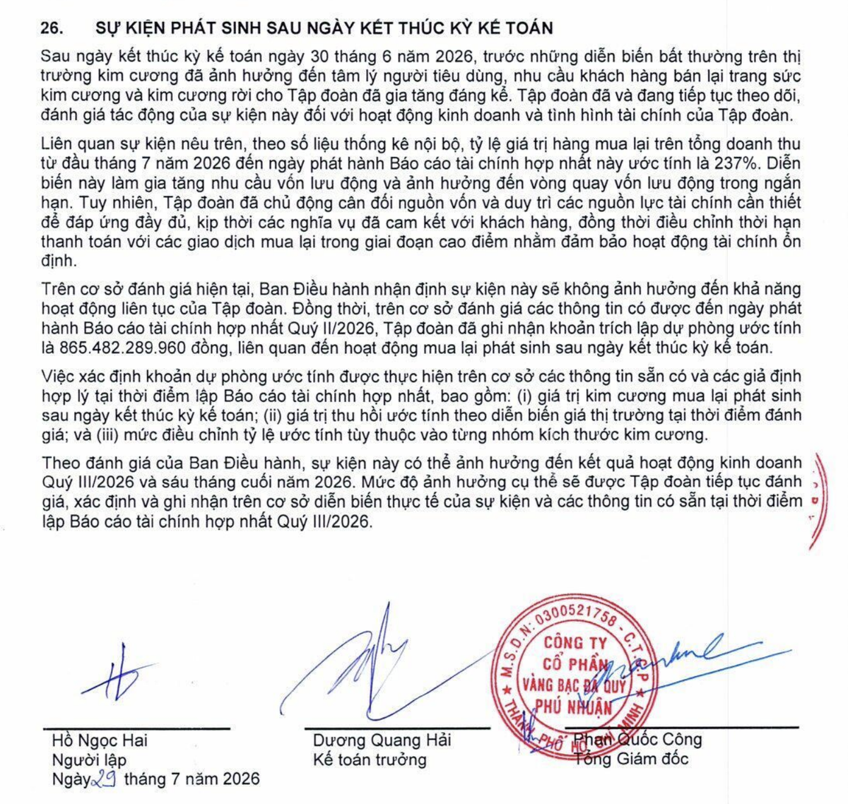 PNJ thuyết minh dự phòng do biến cố liên quan kim cương. PNJ thuyết minh dự phòng do biến cố liên quan kim cương.