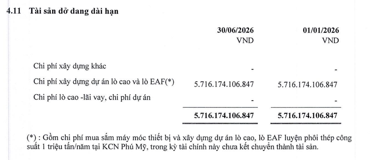 Cơ cấu tài sản dở dang dài hạn của Thép Pomina tại thời điểm 30/6/2026. Cơ cấu tài sản dở dang dài hạn của Thép Pomina tại thời điểm 30/6/2026.