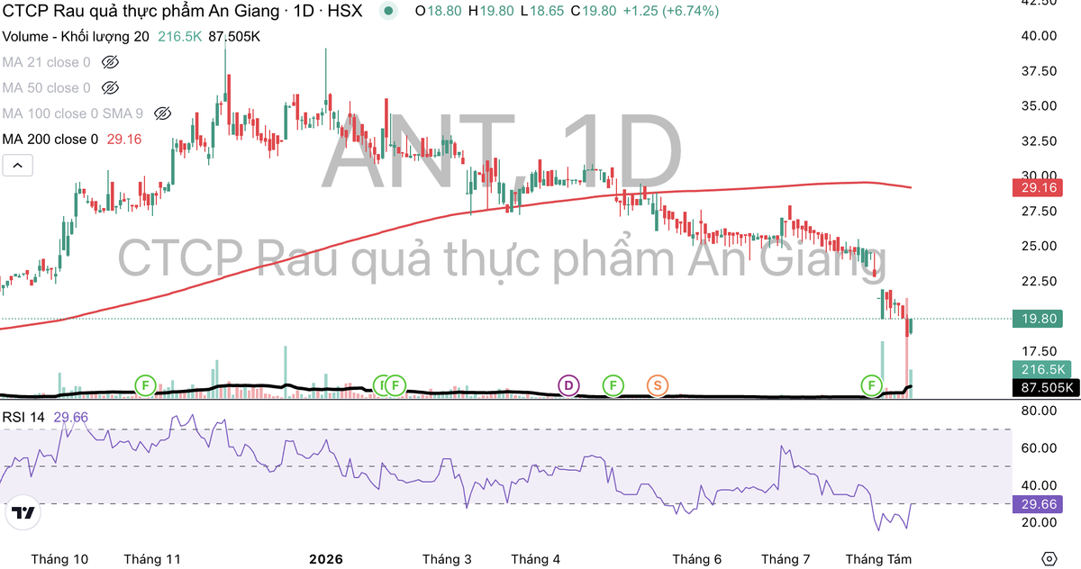 Cổ phiếu ANT giao dịch dưới đường MA 200.