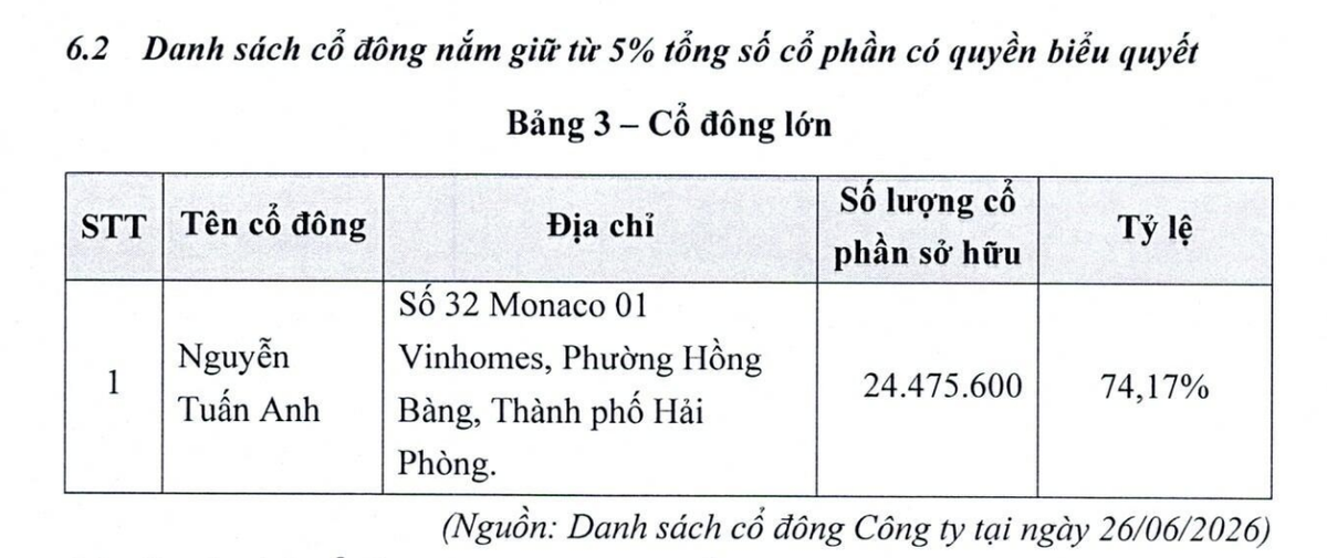 Ông Nguyễn Tuấn Anh là cổ đông lớn duy nhất.