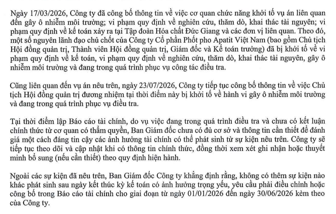 Apatit Việt Nam liên tục nhận được thông tin lãnh đạo bị khởi tố. Nguồn: Báo cáo kiểm toán bán niên năm 2026. Apatit Việt Nam liên tục nhận được thông tin lãnh đạo bị khởi tố. Nguồn: Báo cáo kiểm toán bán niên năm 2026.