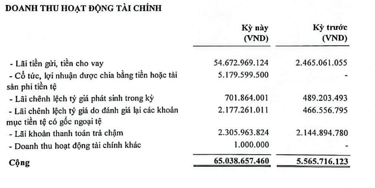 Doanh thu tài chính đột biến do lãi tiền gửi, tiền cho vay.