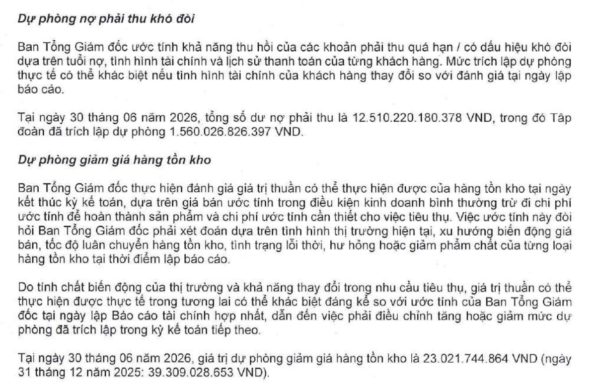 Xây dựng Hòa Bình thuyết minh về dự phòng phải thu khó đòi và tồn kho tại thời điểm 30/6/2026.