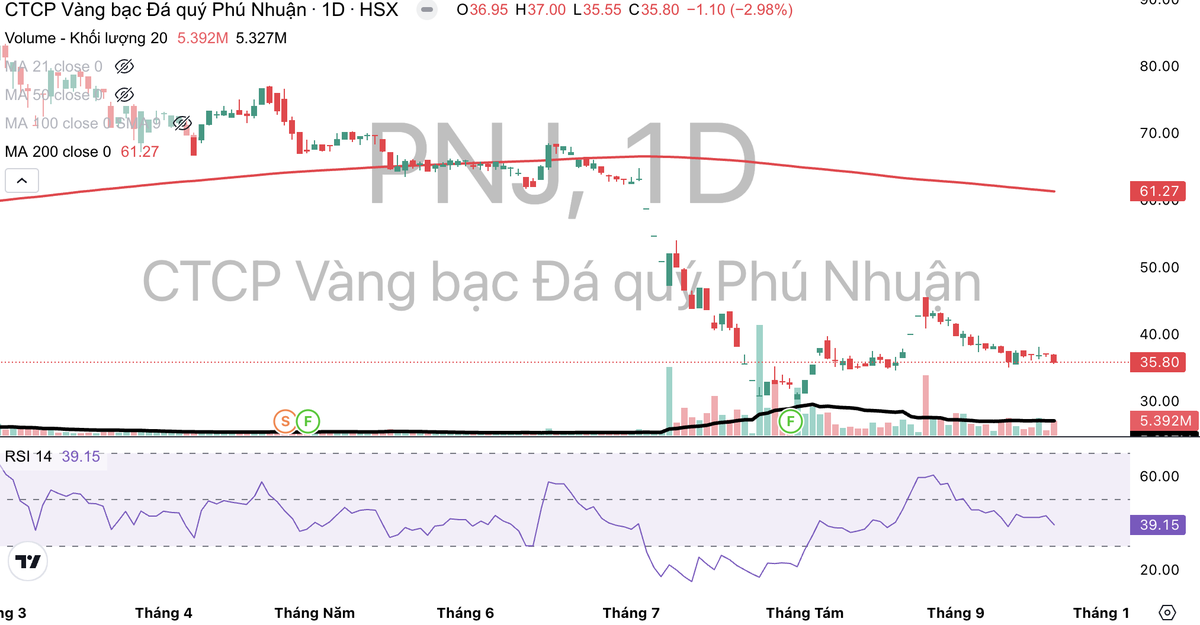 Cổ phiếu PNJ giảm 43,3% giá trị từ đầu tháng 7/2026 tới nay.