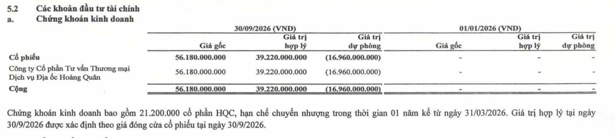 HPX trích lập dự phòng đầu tư cổ phiếu HQC tại thời điểm 30/9/2026.