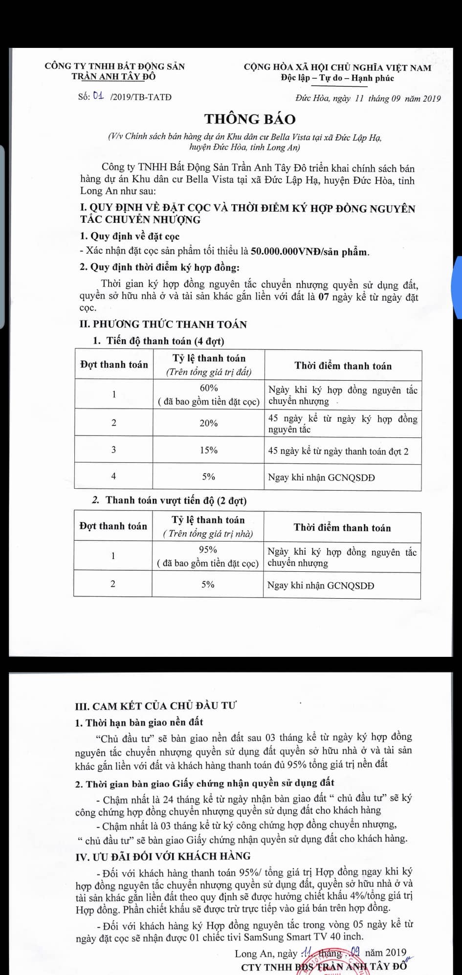 Bị cấm kinh doanh bất động sản 12 tháng, Hồng Đạt - Long An vẫn khuyến mại bán hàng Dự án Bella Vista  ảnh 3