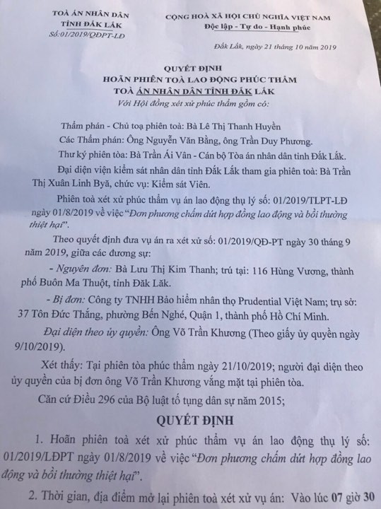 Tòa án nhân dân Đắk Lắk tạm hoãn xét xử phúc thẩm vụ nhân viên kiện Prudential Việt Nam ảnh 1