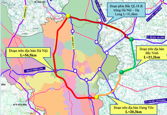 Hướng tuyến đường Vành đai 4 qua địa bàn 3 địa phương (Hà Nội, Bắc Ninh, Hưng Yên) (Nguồn UBND TP Hà Nội)