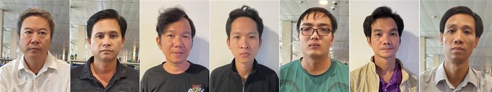 Các bị can (từ trái sang phải: Huỳnh Văn Thái; Trần Văn Hải; Trương Minh Tâm; Thái Thành Quý; Lê Nhựt Trường; Nguyễn Văn Thọ; Bùi Minh Tuân.