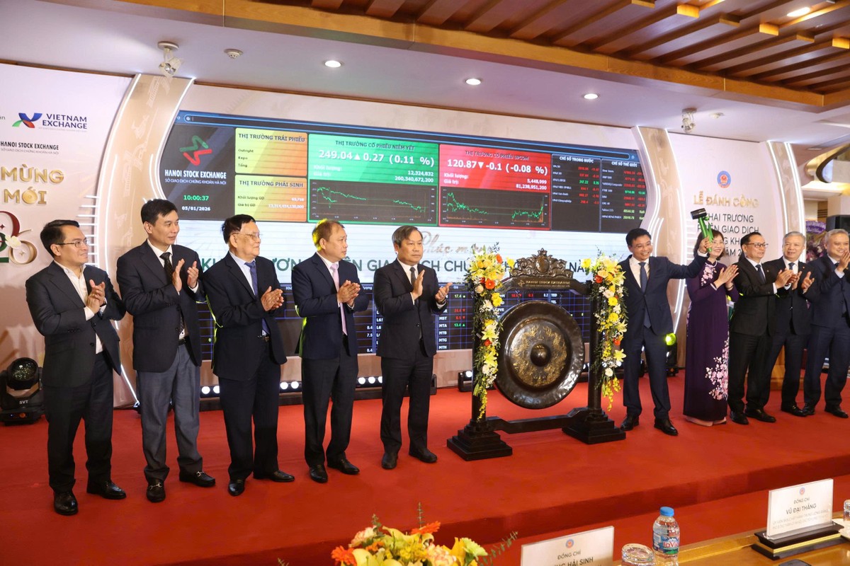 Bộ trưởng Nguyễn Văn Thắng đánh cồng khai trương phiên giao dịch đầu tiên của năm 2026. Tham dự lễ đánh cồng có Chủ tịch UBND TP. Hà Nội Vũ Đại Thắng (thứ 5 từ trái), lãnh đạo UBCKNN và các quan khách. Phát biểu tại lễ đánh cồng, Bộ trưởng cho biết, việc đa dạng hóa cơ sở nhà đầu tư được đặt lên hàng đầu, thu hút thêm nhà đầu tư nước ngoài, thúc đẩy phát triển ngành quỹ đầu tư. Công tác thanh tra, kiểm tra sẽ được siết chặt hơn để xử lý nghiêm các hành vi vi phạm, nâng cao kỷ cương thị trường. Cuối cùng, tăng cường tuyên truyền, phổ biến kiến thức, hướng nhà đầu tư đến chiến lược dài hạn, đầu tư minh bạch và tuân thủ pháp luật. Trong ảnh: Lãnh đạo Bộ Tài chính và các quan khách đánh cồng khai trương phiên giao dịch Chứng khoán đầu năm 2026.