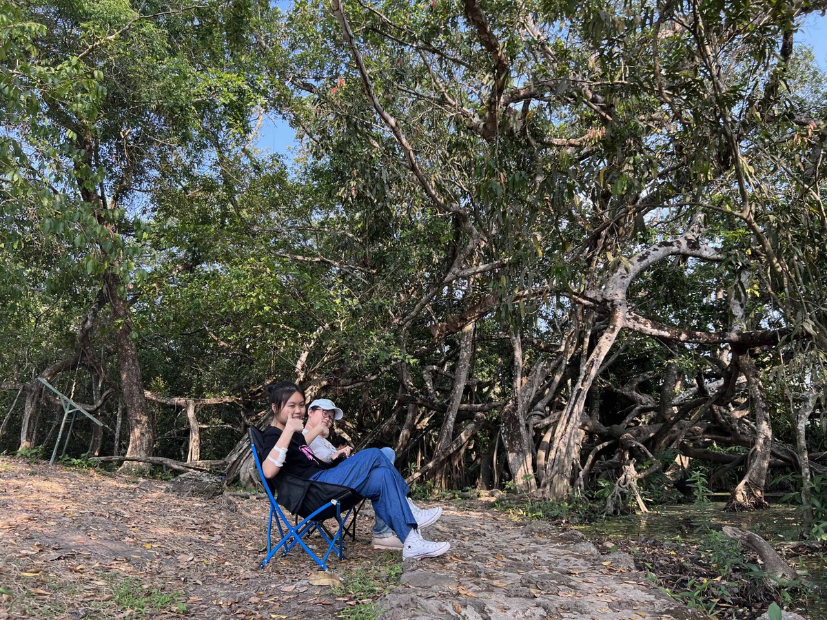 Du khách chọn ngồi thư giãn cạnh cây si trăm thân vài trăm tuổi bên dòng suối mát.