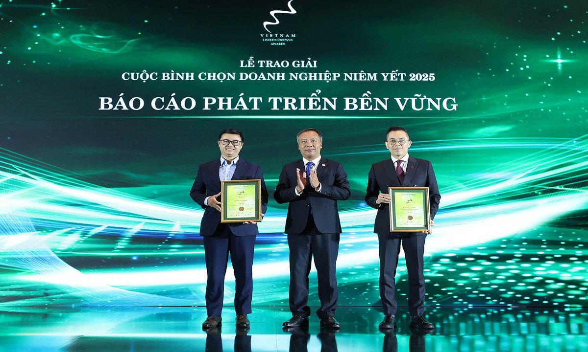 Ông Lê Trọng Minh (đứng giữa), Phó tổng biên tập Báo Tài chính- Đầu tư, Đồng Trưởng Ban Tổ chức Cuộc bình chọn trao Giải ba Báo cáo phát triển bền vững cho Ngân hàng TMCP Việt Nam Thịnh Vượng và Công ty cổ phần Gemadept.