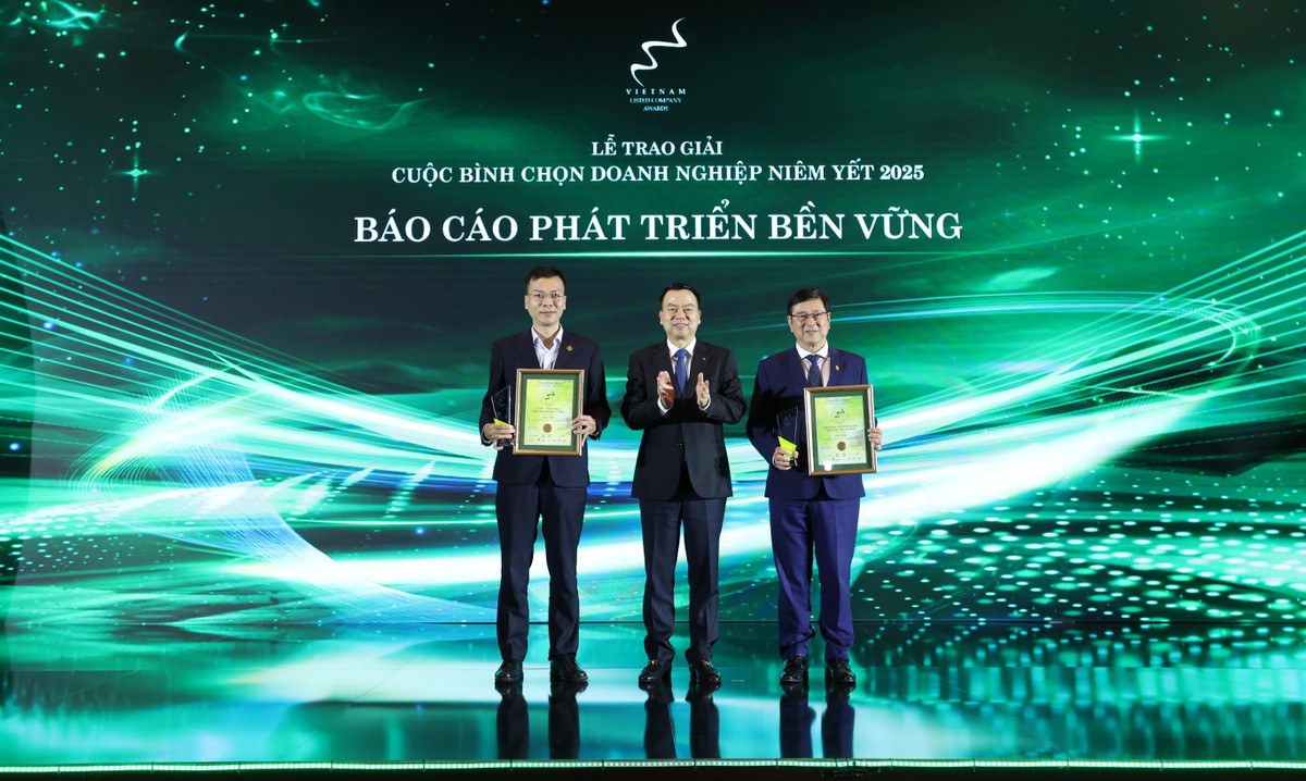 Ông Nguyễn Đức Chi (giữa), Thứ trưởng Bộ Tài chính trao Giải nhất Báo cáo phát triển bền vững cho Ngân hàng TMCP Phát triển TP.HCM (HDBank) thuộc Nhóm tài chính và Giải nhất cho Công ty Cổ phần Phân bón Dầu khí Cà Mau giành ngôi quán quân Nhóm Phi tài chính.