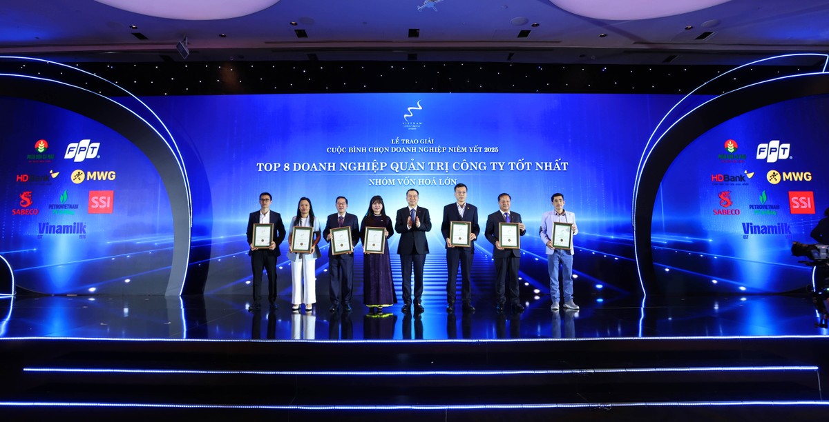 Ông Nguyễn Đức Chi, Thứ trưởng Bộ Tài chính trao TOP 8 các doanh nghiệp quản trị công ty tốt nhất thuộc Nhóm vốn hóa lớn.