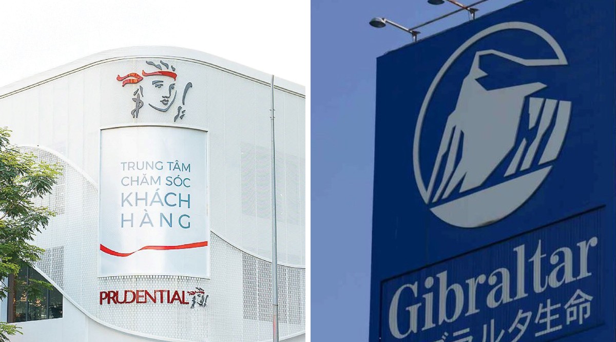 Logo Prudential Việt Nam (bên trái – có hình mặt nữ thần) phổ biến tại Việt Nam, khác biệt hoàn toàn với logo Prudential Life Insurance tại Nhật Bản (hình ngọn núi)