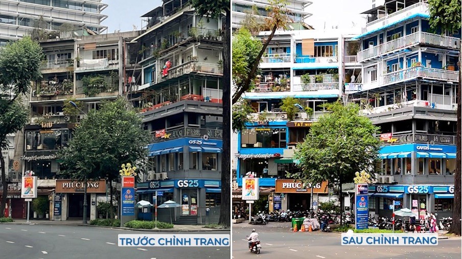 Chung cư cũ khu vực vòng xoay Hồ Con Rùa được sơn màu mới tươi tắn hơn.