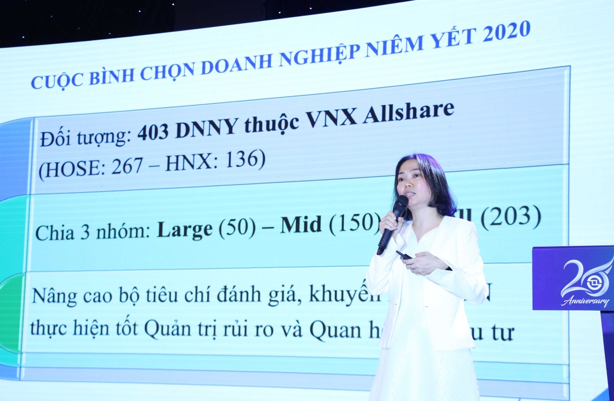 Bà Trần Anh Đào, Phó tổng giám đốc HOSE Báo cáo sơ kết tình hình hoạt động của công ty niêm yết, tổng kết cuộc bình chọn DNNY năm 2020 và triển khai hệ thống Công bố thông tin của Sở.