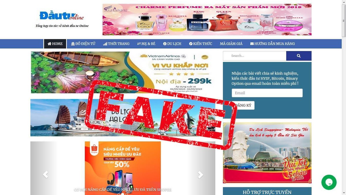 Hình chụp màn hình website giả mạoBáo điện tử Đầu tư