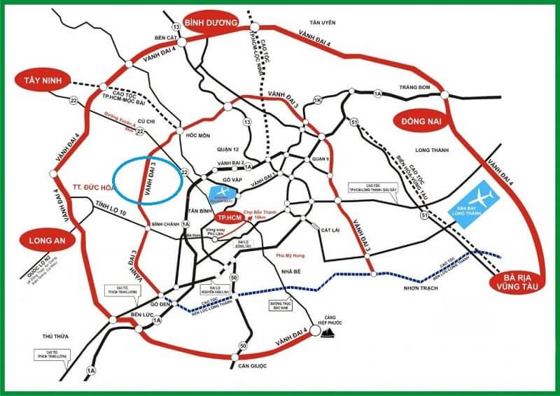 Bản đồ hướng tuyến vành đai 3, vành đai 4 Tp.HCM.