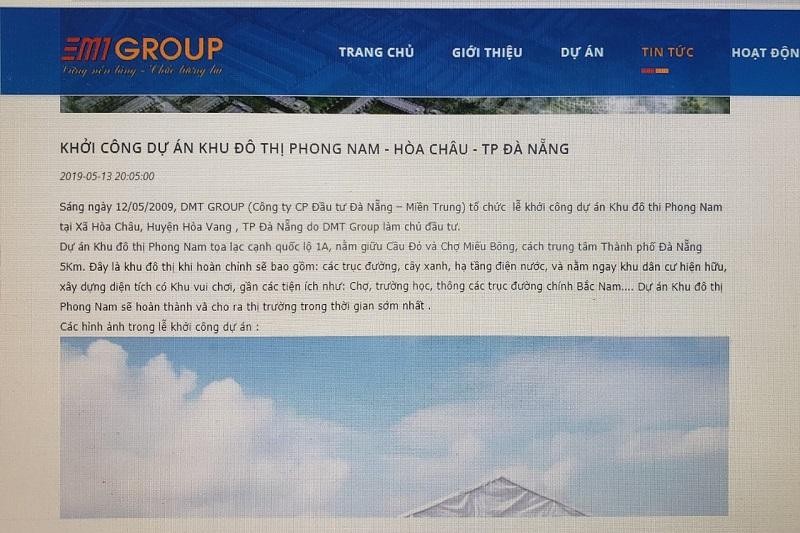 Công ty Đầu tư Đà Nẵng - miền Trung công bố trên "trang nhà" dự án Khu đô thị Phong Nam được khởi công vào tháng 5/2019.